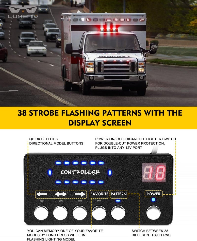 LUMENIX 42 LED Roof Top Strobe Beacon Light Bar Hazard Warning Emergency Flashing Firefighter Lights with Controller for First Responder Vehicles Fire Trucks Snowplow White Red (Patent Design) - Image 3
